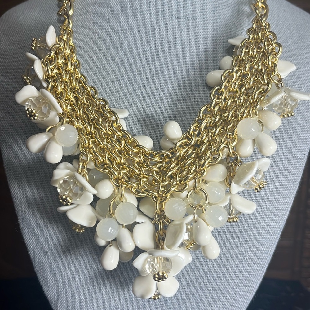 Talbots Floral Beaded Cluster Necklace in Creamy White and Gold - Picture 5 of 9